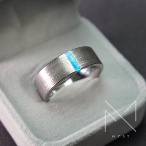 Silver Brushed Tungsten Ring for Men, Blue Opal Inlay Ring, Cool Mens Ring, Unique Groom's Engagement Ring,Masculine Jewellery Gift for Him