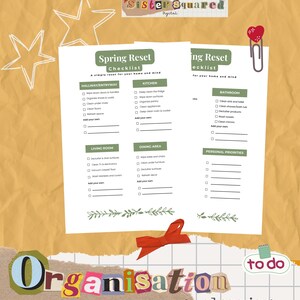 Peut inclure: Une liste de contrôle imprimable de style collage coloré pour le nettoyage et l'organisation du printemps. Le design comprend le texte "Spring Reset Checklist" et "Organisation & planning". La liste est divisée en sections.