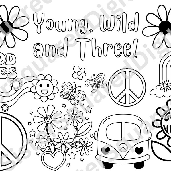 Young, Wild & Three Colouring Page - Groovy Boho style kids party colouring