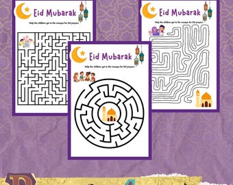 Puede incluir: Tres hojas de actividades imprimibles de Eid Mubarak con laberintos. Cada hoja presenta un diseño de laberinto diferente, con el texto "Eid Mubarak" y "Ayuda a los niños a ir a la mezquita para las oraciones de Eid". El fondo es un diseño morado y dorado.
