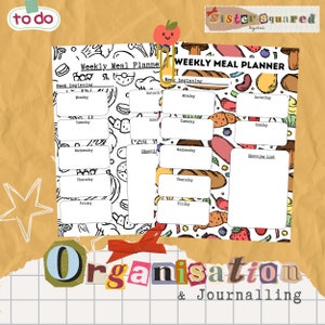May include: A printable weekly meal planner with a colorful food pattern background. The planner includes sections for each day of the week, a shopping list, and space to write in meals. The text "Weekly Meal Planner" is at the top of the page.