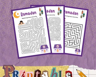 Puede incluir: Tres hojas de actividades imprimibles de Ramadán con laberintos, casas y linternas. Las hojas tienen la palabra "Ramadán" y la frase "Ayuda al niño a llegar a casa a tiempo para el Iftar". También se ve un lápiz y "Actividad imprimible".