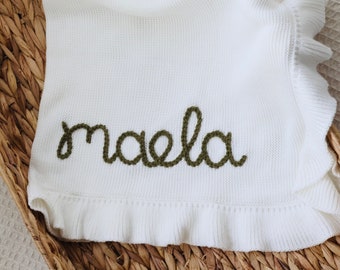 Personalised knit ruffle baby blanket
