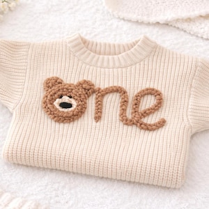 Personalised Cream Knit Beary First Birthday Baby Sweater