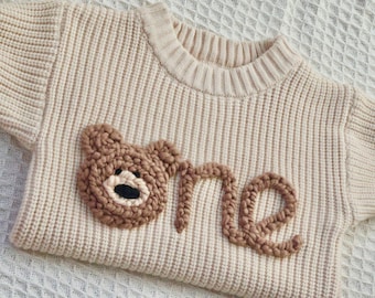 Pull crème personnalisé pour premier anniversaire de bébé en tricot