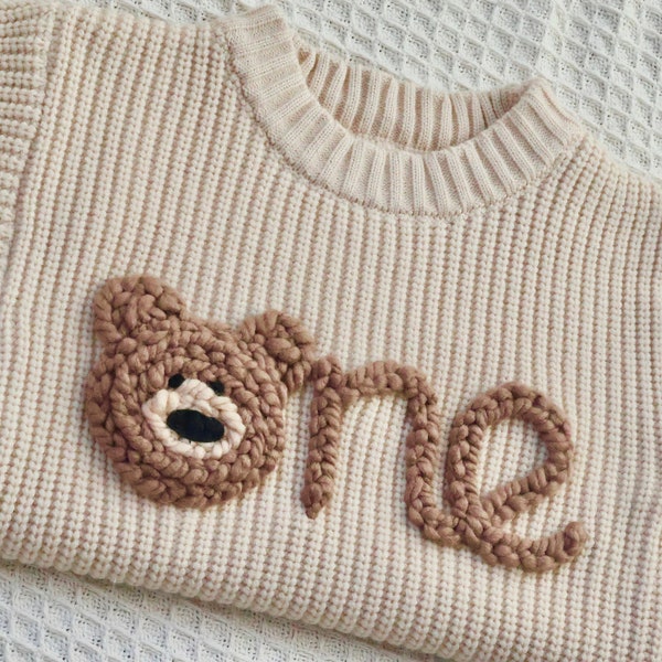 Personalised Cream Knit Beary First Birthday Baby Sweater