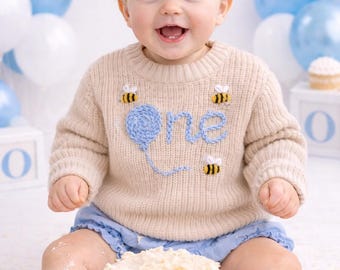 Personalised Cream Knit Bee First Birthday Baby Sweater