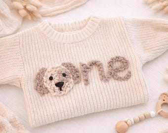 Personalised Cream Knit puppy First Birthday Baby Sweater