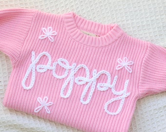 Personalisierte Rosa Baby Strickjacke mit Wolken / Blumen gestrickt