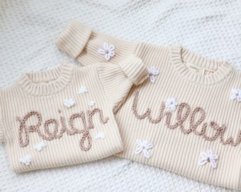 Personalised cream Knit Baby Sweater with flowers/clouds