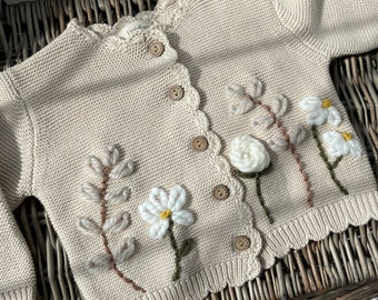 Personalised Floral Beige Knit Baby cardigan