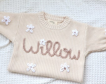 Personalised Cream Knit Baby Sweater with clouds/flowers