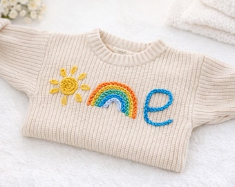 Personalised Cream Knit Rainbow First Birthday Baby Sweater