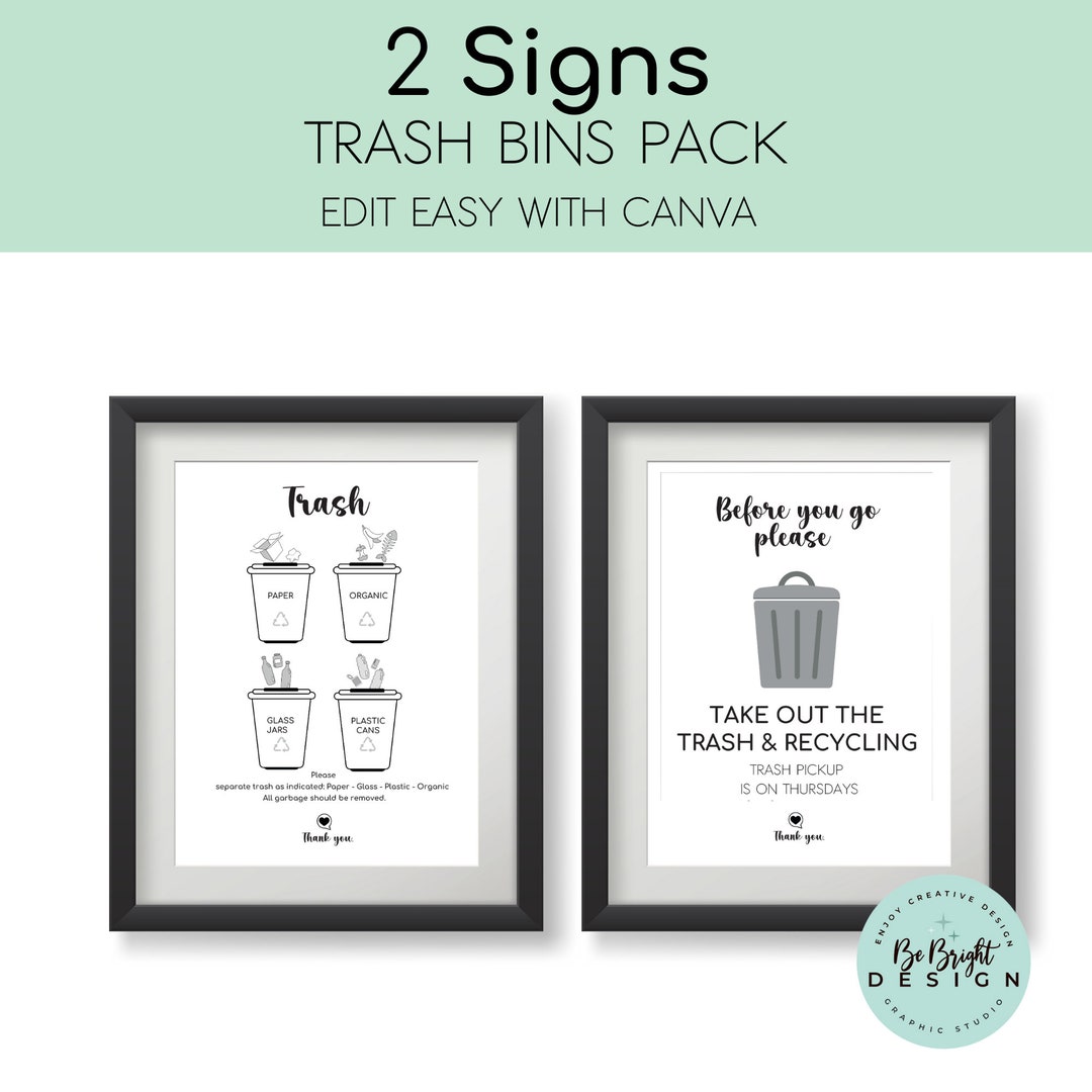 TRASH 2 Pack Signs Bins SIGN airbnb, Short Rent Canva Edit