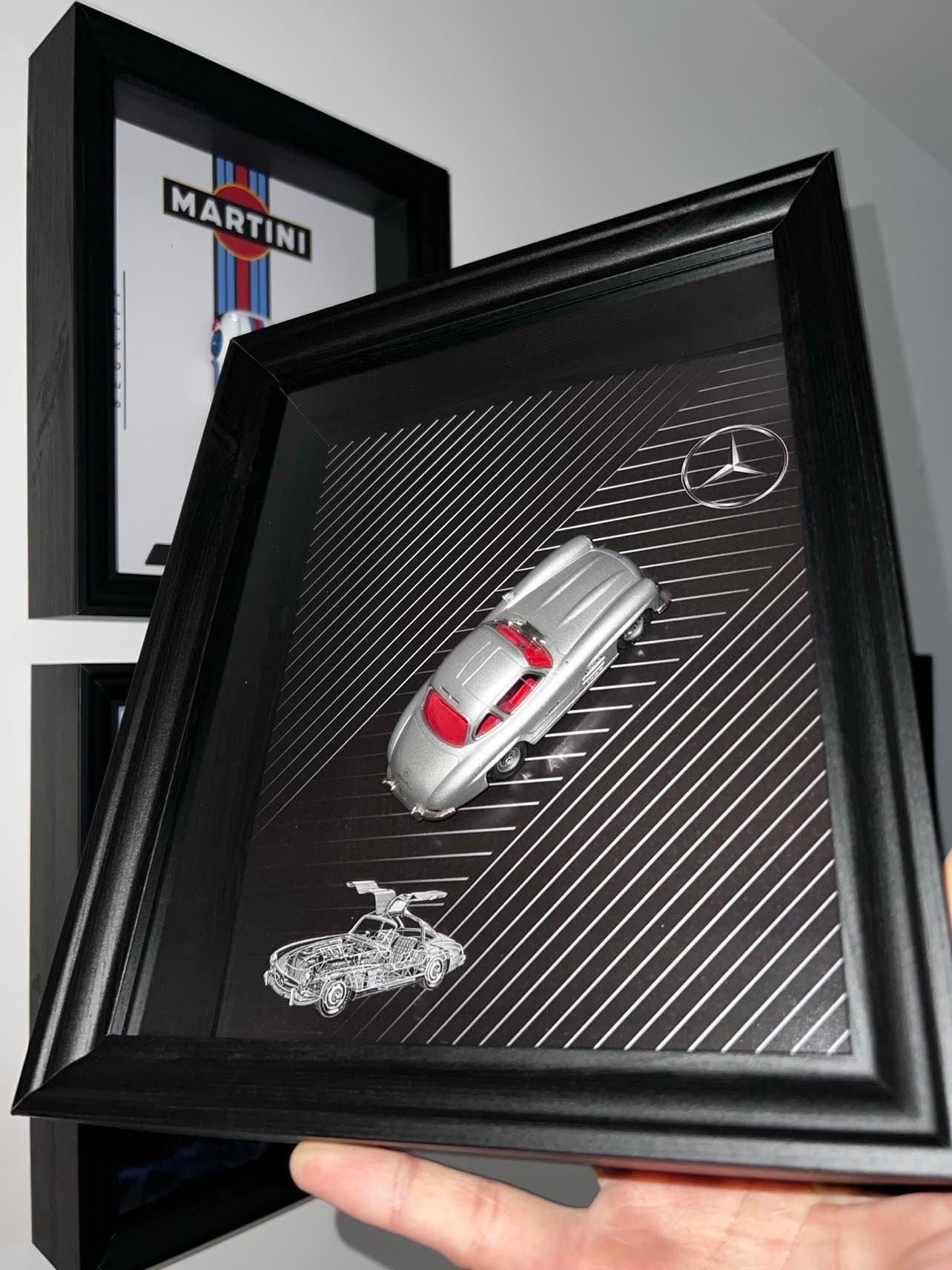 Cadre Photo Bois Mercedes 300 SL - 3 Photos - Ouverture Papillon - 1/43