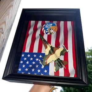May include: A framed display featuring a model of an F-18 Fighting Falcon fighter jet against a backdrop of an American flag. The jet is painted in camouflage colors and the flag is red, white, and blue.