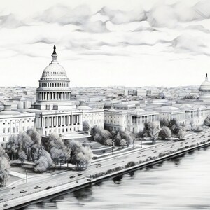 May include: A black and white drawing of the United States Capitol Building in Washington, D.C. The building is seen from a distance, with the Potomac River and a bridge in the foreground.