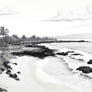 Maui's Coastal Haven Kunstdruck - Exquisite Schwarz-Weiß-Strandlandschaft, ideal für elegante Wohnkultur, Bürowandkunst und Bekleidungsdesign