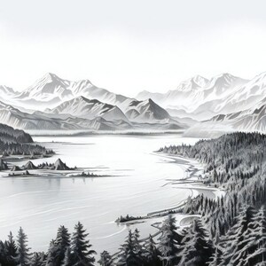 May include: Monochrome landscape print showing a mountain lake scene. The artwork features detailed illustrations of snow-covered mountains, dense forests, and the calm water of the lake. The grayscale colour palette creates a peaceful atmosphere.