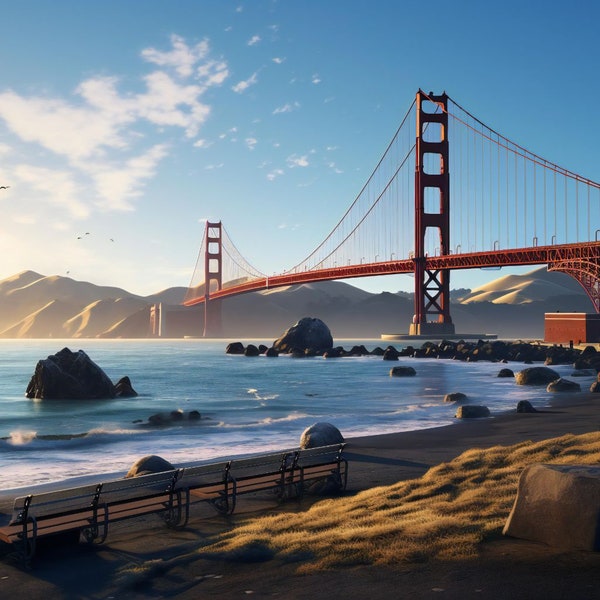 Golden Gate Bridge at Dawn - Serene San Francisco Beach View - Iconic Red Bridge Landscape Art for Wall Decor and Gifting
