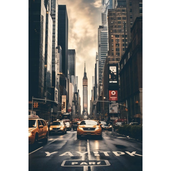 New York Cityscape Art Print - Majestic Empire State Building View with Yellow Cabs, Moody Urban Wall Decor, Cinematic Street Scene Canvas