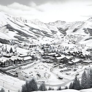 Telluride Winter Panorama Art - Monochrome Mountain Town Print for Cozy Home Decor and Unique Gifts