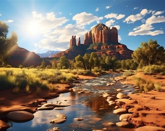 Sedona&#39;s Sun-Kissed Red Rock Creek: A Peaceful Nature Escape Digital Art for Inspirational Home Decor and Unique Apparel