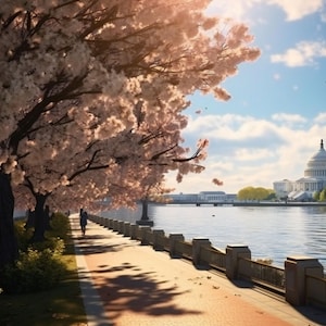 May include: A scenic view of a waterfront park with cherry blossom trees in full bloom. A paved walkway leads to a bridge in the distance, with the United States Capitol building visible in the background.