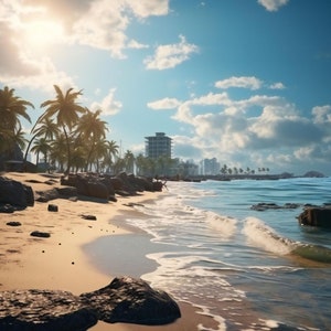 May include: A sandy beach with palm trees and a city skyline in the distance. The sun is shining brightly and the water is a beautiful blue.