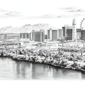 May include: A detailed black and white pencil drawing of the Las Vegas skyline. The image features the Eiffel Tower, a Ferris wheel, and various hotels and casinos. The foreground shows a river with trees and palm trees along the banks, with mountains in the background.