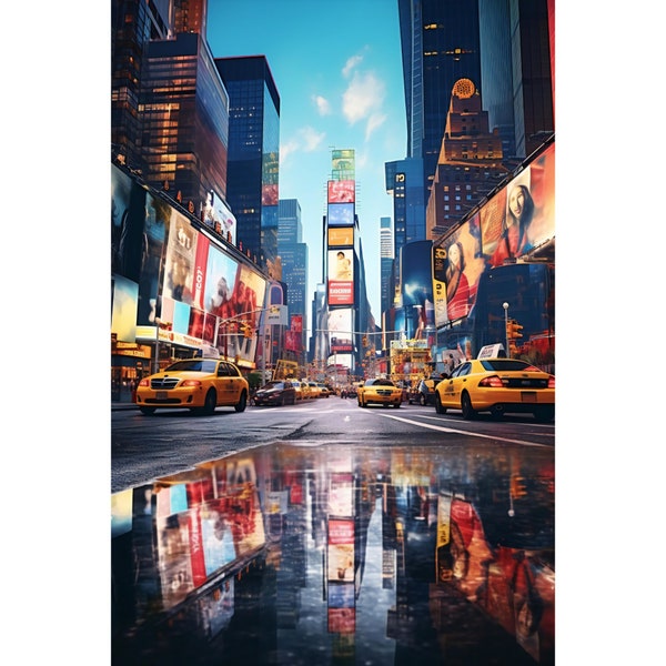 Dazzling New York City Streetscape Digital Print, Iconic Yellow Cab Portrait, Times Square Wall Art, Urban Reflection Decor for Modern Home