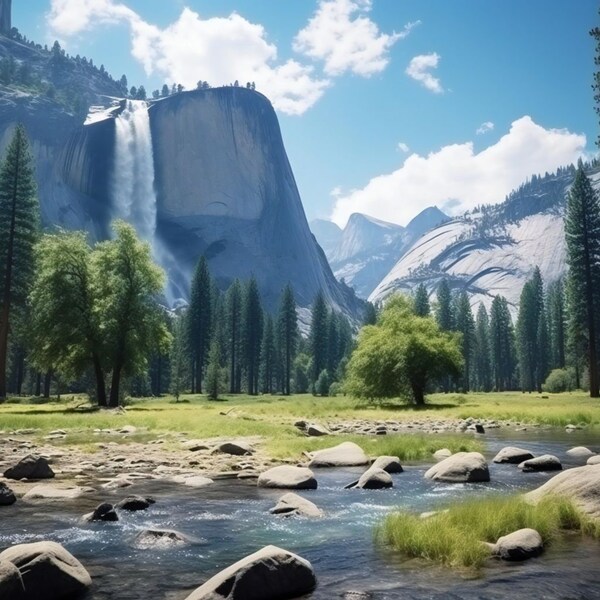Yosemite Falls and Serene River - Peaceful Nature Scene Digital Print for Wall Art, Apparel, and Unique Gifts