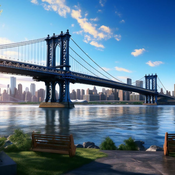 Manhattan Bridge Splendor - New York City Skyline Inspired Digital Art for Home Decor, Apparel, and Unique Gifts - Vibrant Wall Art