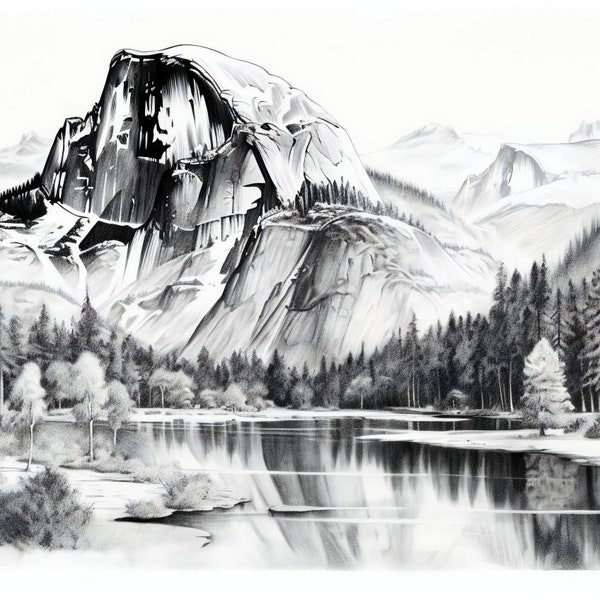 Yosemite's Tranquil Mirror Lake Scene - Striking Pen Art Print - Reflective Landscape for Relaxing Home and Office Decor