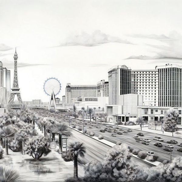 Las Vegas Strip Classic Black and White Print - Stylish Cityscape for Elegant Wall Decor, Unique Gifts, Apparel - Urban Chic Art