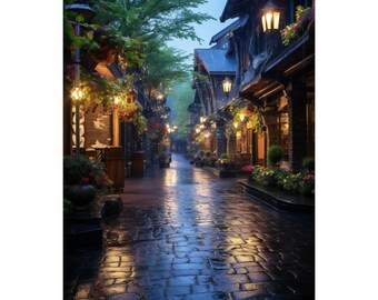 Rainy Evening in Gatlinburg Alley - Romantic Cobblestone Pathway - Digital Art for Home Decor, Canvas Print, and Stationery