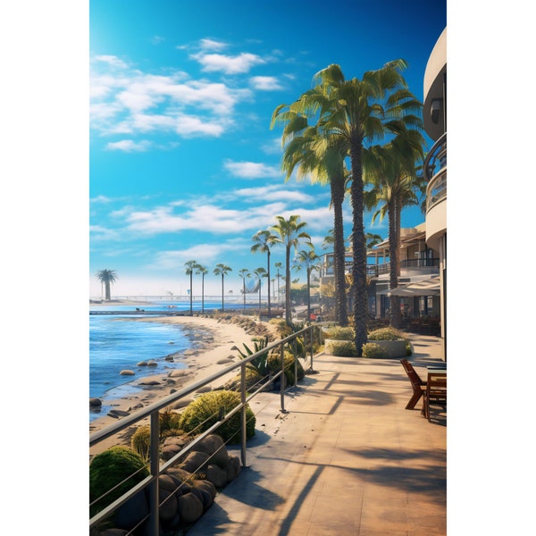 Sunny San Diego Beachfront Promenade Art Print - Coastal Palms and Ocean Breeze, Serene Beach Day Wall Art, Relaxing Seaside Canvas