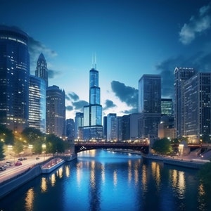 May include: A view of the Chicago skyline at night, with the Willis Tower in the center. The river is in the foreground, and there are lights reflecting off the water.
