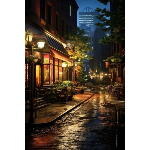 Cozy Boston Cafe Alley at Night - Intimate Urban Dining Scene Digital Art for Canvas, Dining Room Decor, and More