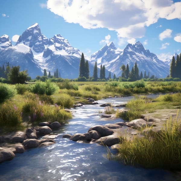 Serene Grand Teton Stream Art - Digital Nature Landscape