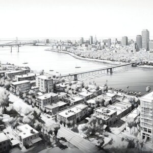 May include: A black and white drawing of a city skyline with a bridge and a river. The drawing is done in a realistic style and shows a lot of detail.
