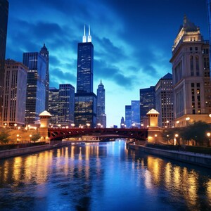 May include: A night-time view of a city skyline with a river and a bridge. The buildings are illuminated and their reflections are visible in the water. The sky is blue with clouds in the distance.