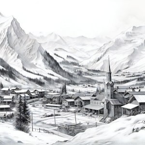 Telluride Mountain Village in Winter Print - Snowy Monochrome Landscape for Peaceful Home Decor and Ski Enthusiasts
