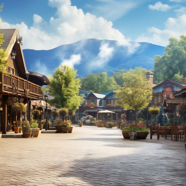 Rustic Gatlinburg Townscape - Quaint Mountain Village Art for Home & Apparel