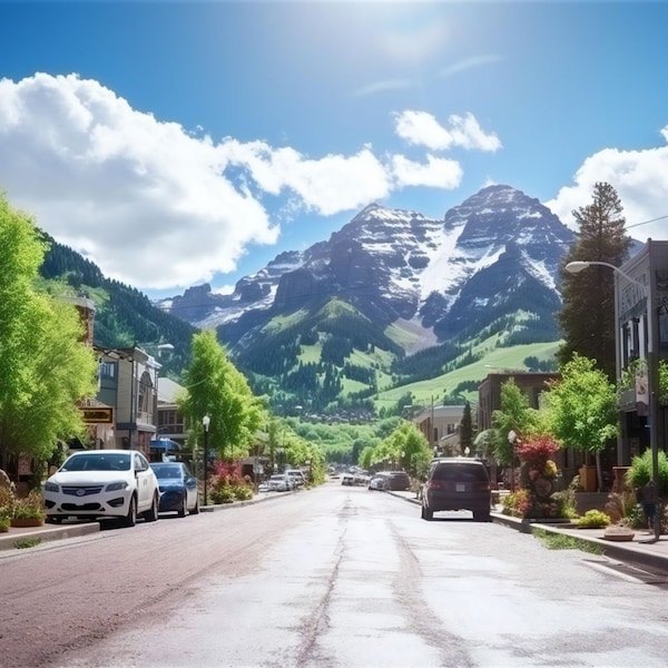 Charming Telluride Main Street with Mountain Backdrop: Sunny Day Digital Print for Vibrant Home Decor and Apparel