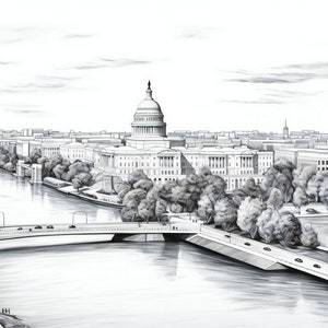 May include: A black and white drawing of the US Capitol building in Washington, D.C. The building is seen from a distance, with a river and bridge in the foreground. The drawing is done in a realistic style, with detailed lines and shading.
