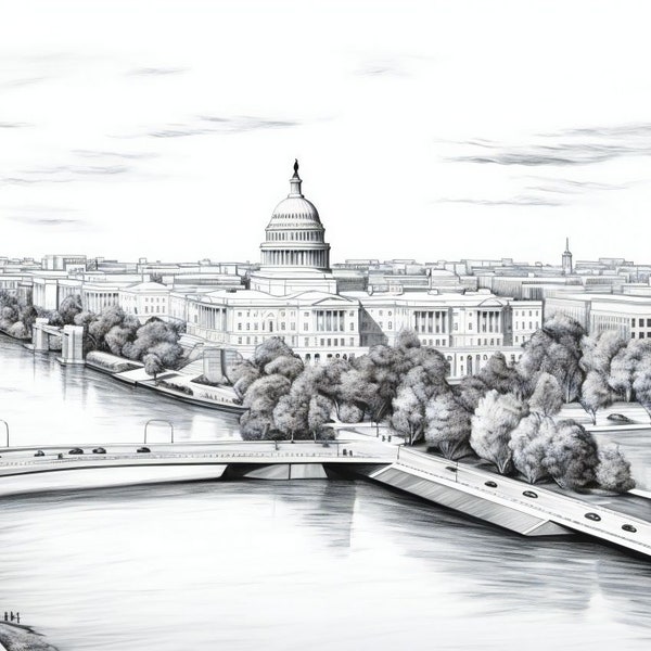 Capitol's Riverside Grandeur - Fine Pen Art Print of Washington D.C. - Classic Decor for Home & Office, Apparel, and Gifts