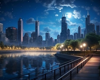 Moonlit Chicago Skyline - Nighttime Cityscape Digital Art for Wall Art & More