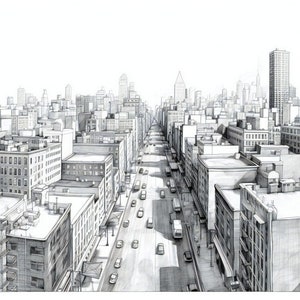 Manhattan&#39;s Vibrant Streets: Detailed Cityscape Art Print for Urban-Inspired Decor