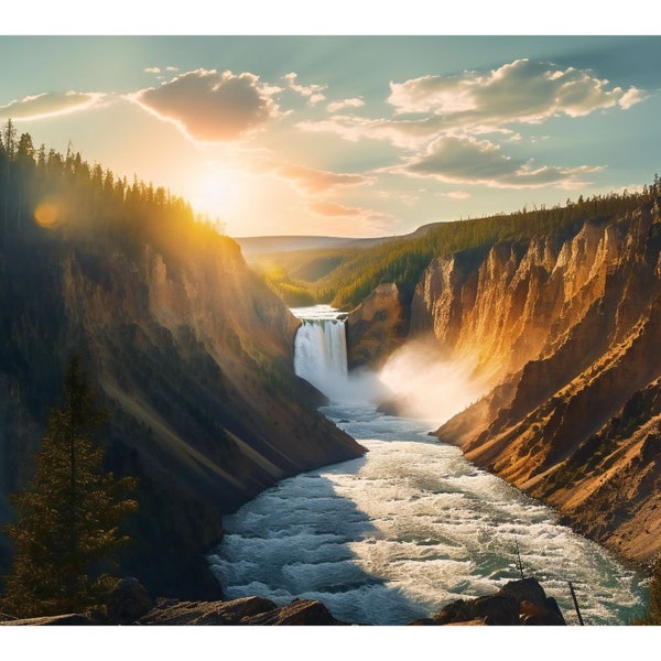 Yellowstone's Grandeur Falls" - Captivating Canyon Waterfall Digital Art, Ideal for Inspirational Decor and Apparel